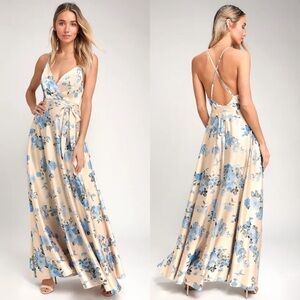 NWT Lulus Overjoyed Champagne Satin Floral Print Maxi Dress